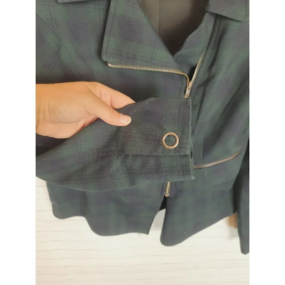 CAbi Tartan Green Plaid Asymmetrical Zip Moto Jacket, sz 4
